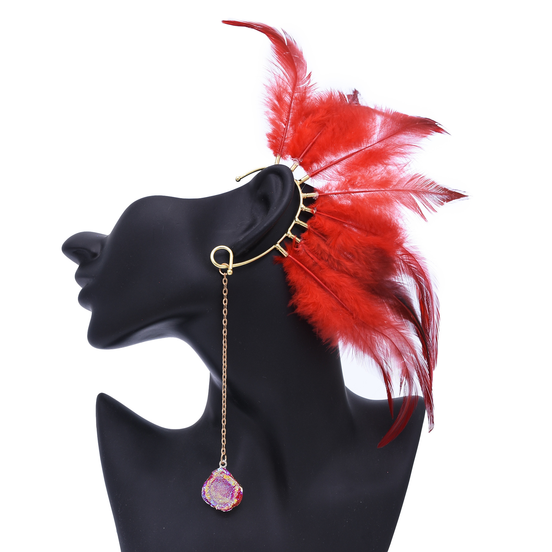 Retro Indian Feather Earrings Exotic Style Exquisite Color Ear Bone Clip Exaggerated Bridal Earrings Women's Cross-Border Exclusive