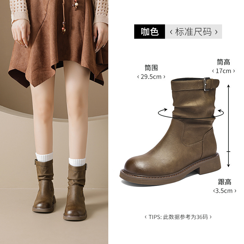 奥古狮登厚底短靴女2025新款秋季复古美拉德英伦风西部堆堆马丁靴|undefined