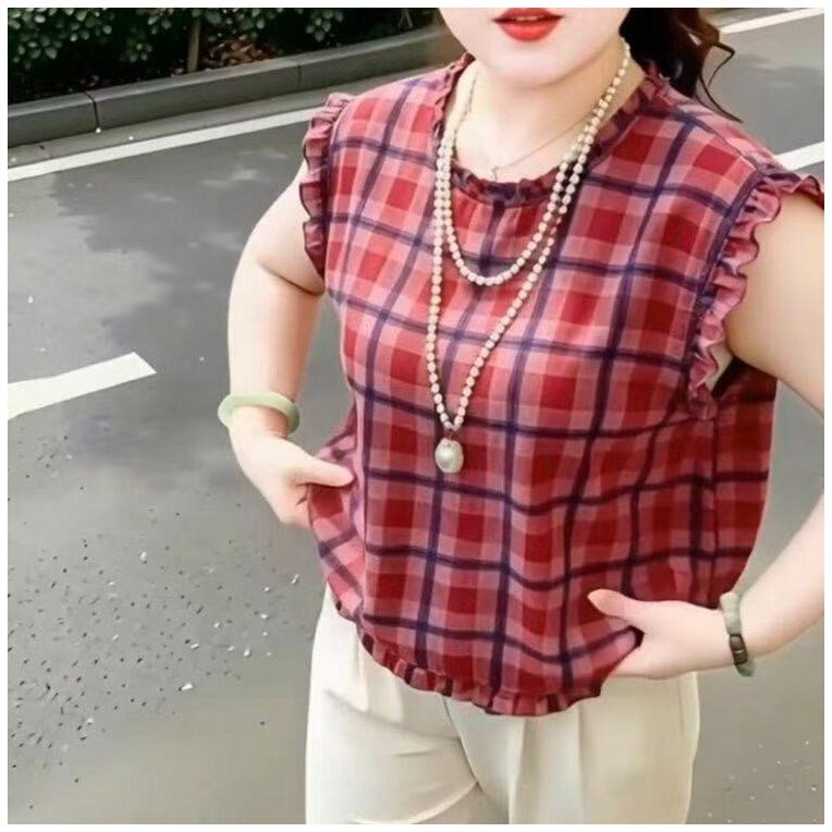 Ruffled trim plaid sleeveless shirt for women, 2026 summer new Korean style, fashionable, versatile, sweet, and age-reducing top Ruffled trim plaid sleeveless shirt for women, 2026 summer new Korean style, fashionable, versatile, sweet, and age-reducing top