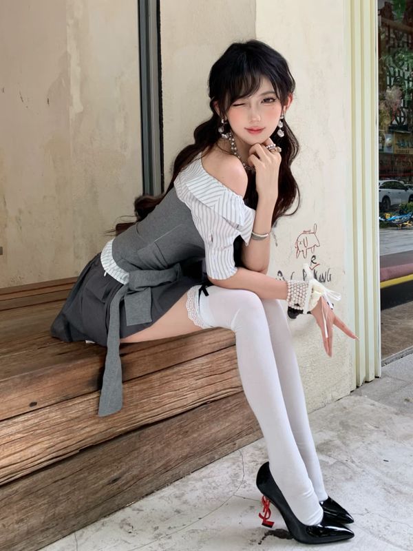 韩系套装女夏季气质纯欲一字肩假两件条纹拼接衬衫搭配高腰半身裙|undefined