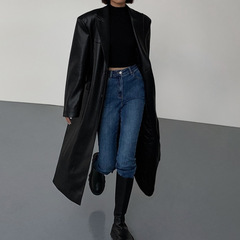 chic高级感黑色pu皮衣风衣长款外套女2025春秋新款高个子西装大衣