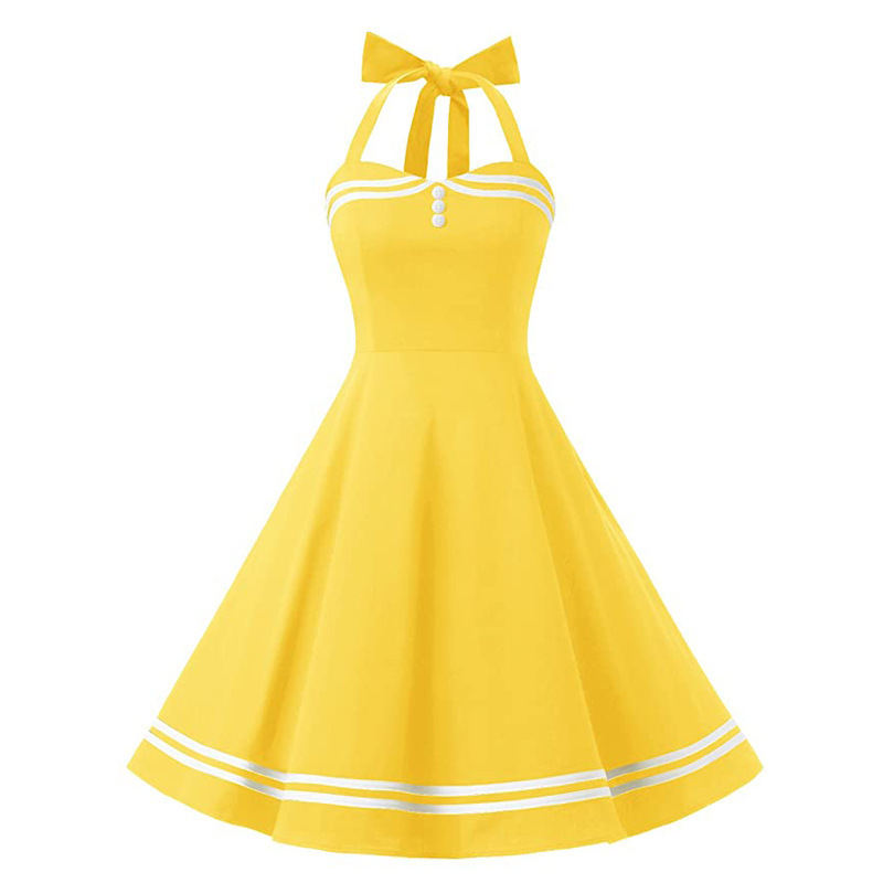 Performance Costume in the Style of Audrey Hepburn from the 1950S, Retro Navy Polka Dot Halter Neck Dress with a Large Hem, Cotton