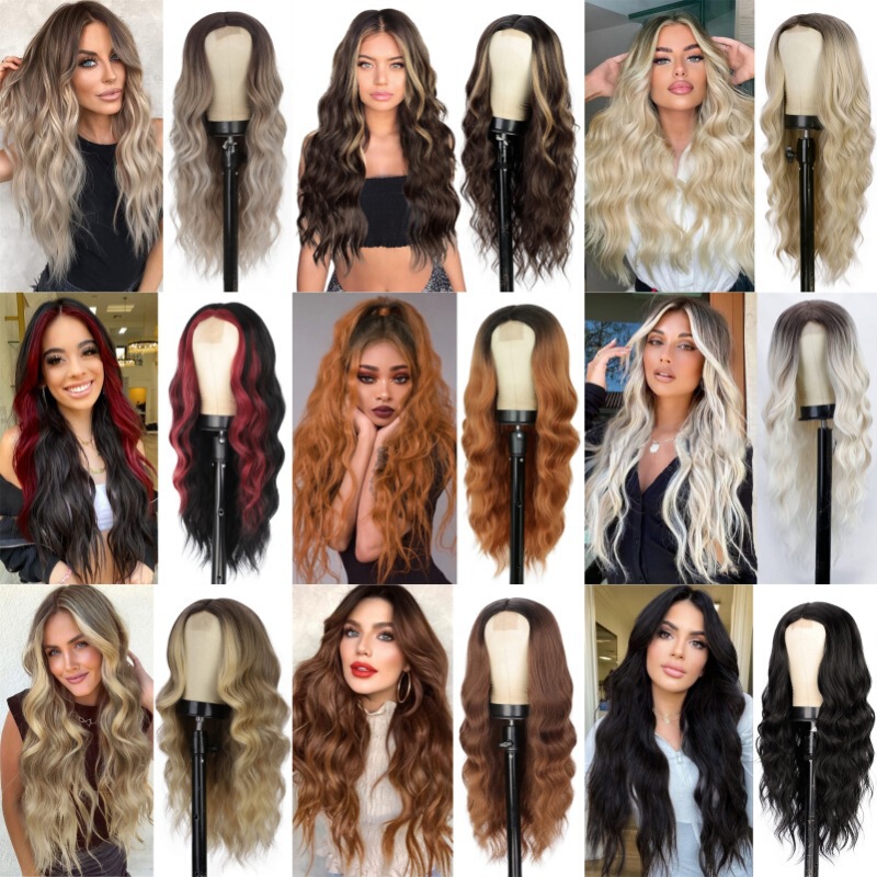 Cross-border European and American wig women's mid-point dyed gradient daily long roll chemical fiber hair rose net full head cover