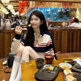 美式复古撞色拼接条纹半拉链针织毛衣女春季款学院风减龄套头上衣