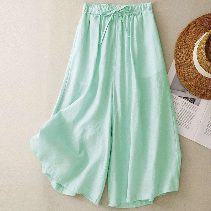 Cotton and Linen Casual Wide-Leg Pants, Loose Fit, Slimming, Skirt-Pants, New Spring/Summer Versatile Skirt Pants, Cropped Pants with Elastic Waist