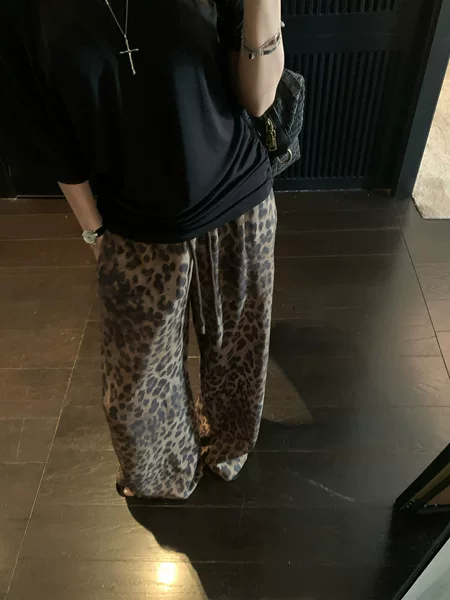 Leopard Print Relaxed Tencel Linen Walking Pants for Women, Summer Wide-Leg Loose Straight Casual Long Pants