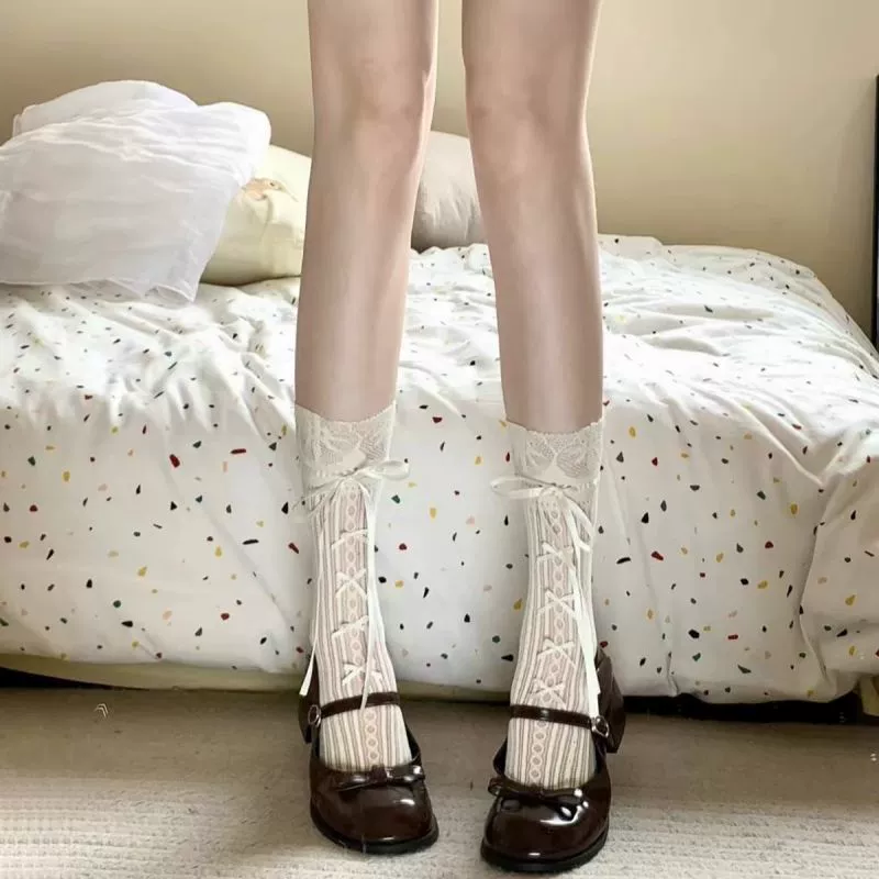 Кружевные чулки женские летние тонкие носки женские средние трубочки lolita милые банты кружевные чулки для ног