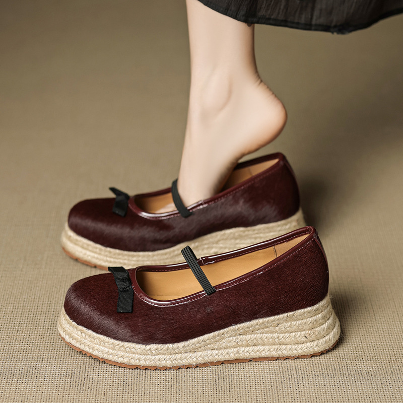 Designer Style! Unique Thick-Soled Horsehair Straw Espadrilles 2025 Autumn New Round-Toe Bowknot Wedge Shoes