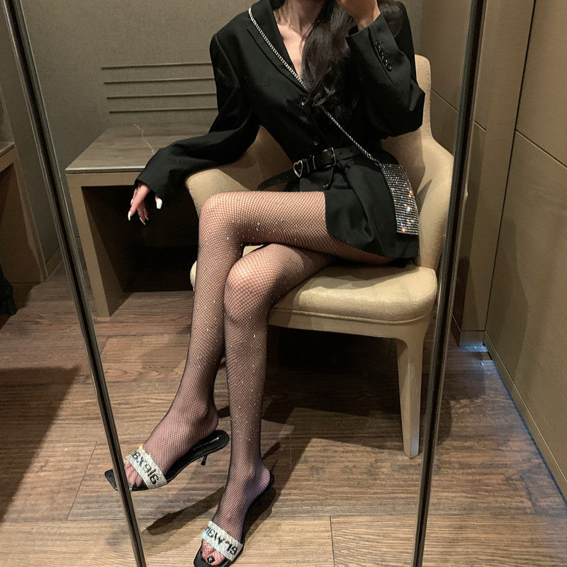 35g Weight Polyester Fabric Type Breathable Function Skin Color, Black Color Women's Spring And Autumn Thin Silk Diamond Fishnet Stockings 4