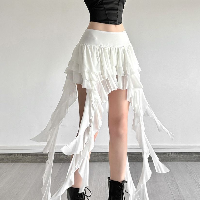 French Heart-Warming Melody Crush Mesh Asymmetrical Layered Ruffled Ribbon Skirt Women's New Summer Style