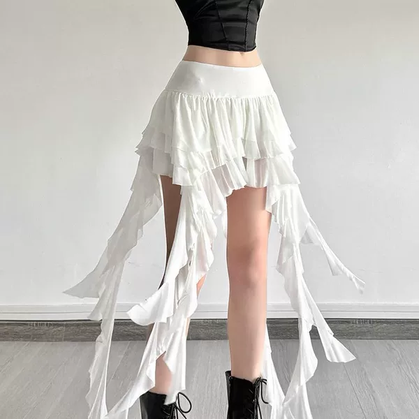 French Heart-Warming Melody Crush Mesh Asymmetrical Layered Ruffled Ribbon Skirt Women's New Summer Style