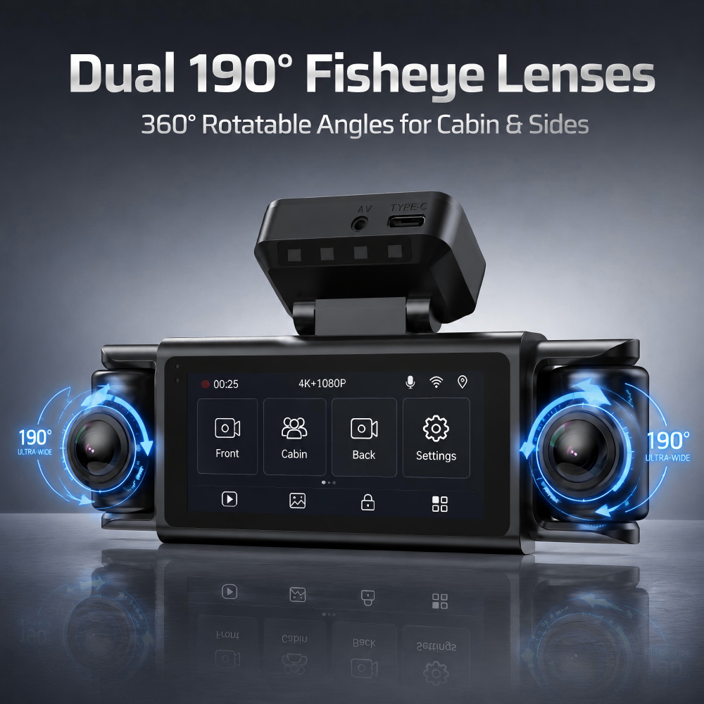 Cross-border 4K dashcam with 5G WiFi, 4-channel recording, front and interior cameras, fisheye wide-angle lens, and ADAS/ BSD driver assistance features