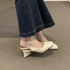 2025 春夏の新ハイヒール包頭サンダル婦人靴厚いヒール浅い口フレンチ優しいスタイルの靴婦人靴