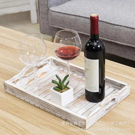 跨境木质长方形托盘做旧色餐厅端菜托盘实木把手果盘复古色木托盘