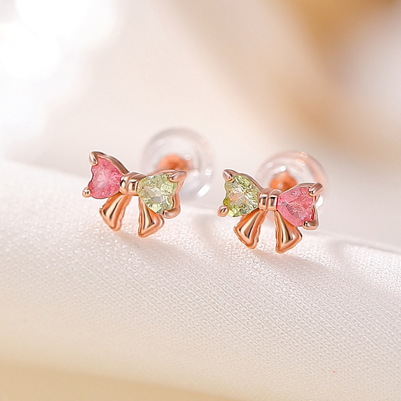 Bông tai bạc S925 mạ vàng hồng đính tourmaline hình nơ ánh sáng — Một cặp (màu tourmaline ngẫu nhiên)