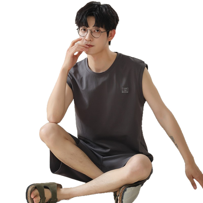 모달 파자마 남성 여름 조끼 반바지 청소년 겉으로 입을 수 있는 얇은 홈웨어 세트 여름 얇은