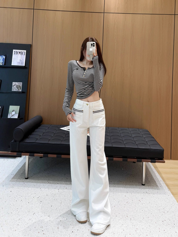 南油女装裤子2025秋冬新款白色刺绣双口袋直筒牛仔女高腰显瘦长裤|undefined