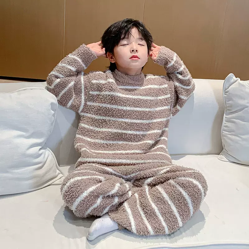 男童加绒条纹珊瑚绒睡衣2024新款儿童男孩冬季大童加厚家居服套装