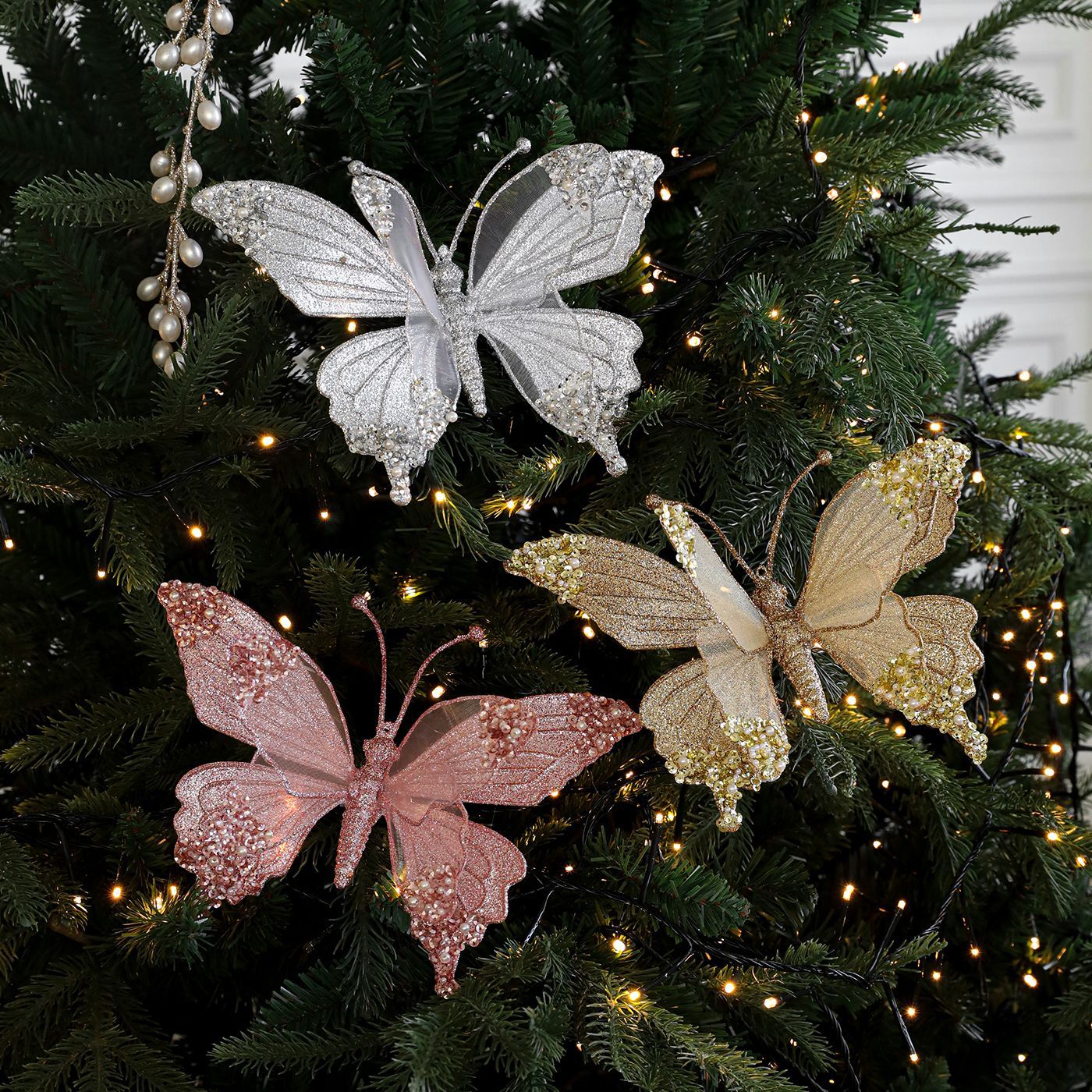 Nuevos productos transfronterizos, malla de simulación de color, brillo, mariposa, libélula, polvo pegajoso, colgante decorativo con clip de Navidad de perlas