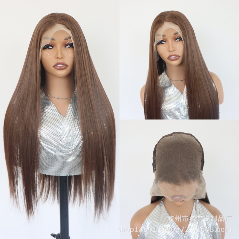 Cross-border bestseller 13X6 large-area lace wig, imported high-temperature fiber, dark brown long curly hair, realistic and breathable headpiece