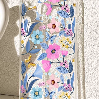 蓝紫碎花花防摔透明壳适用iphone15/16/17系列promax/14手机壳保