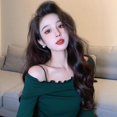 墨绿色花边露肩长袖t恤女2025新款早秋季韩系绝美巨好看的小上衣