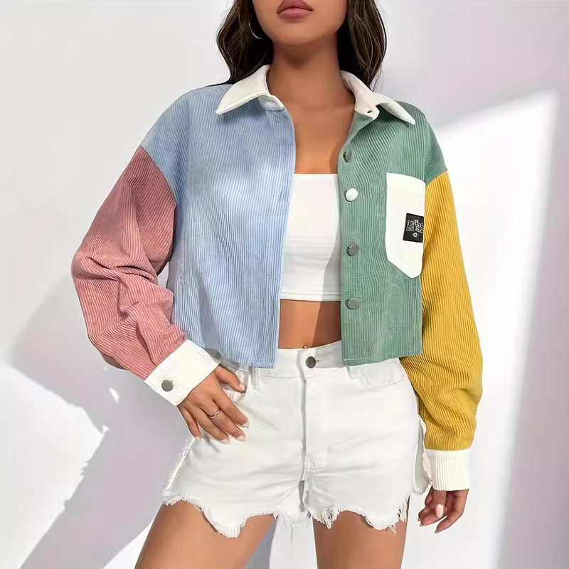 2026 European and American Cross-Border Hot-Selling Corduroy Color-Blocking Thin Loose Versatile Casual Jacket Short Top for Women 2026 European and American Cross-Border Hot-Selling Corduroy Color-Blocking Thin Loose Versatile Casual Jacket Short Top for Women