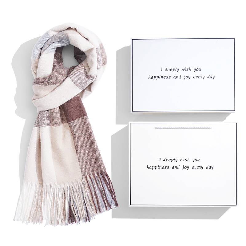 White gift box + light plaid scarf