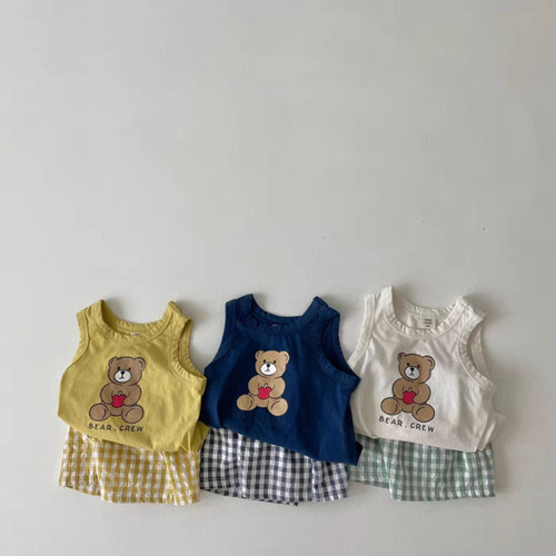 ins Korean summer children's clothing thin cotton loose sleeveless suit baby cartoon vest + plaid shorts two-piece trendy set
