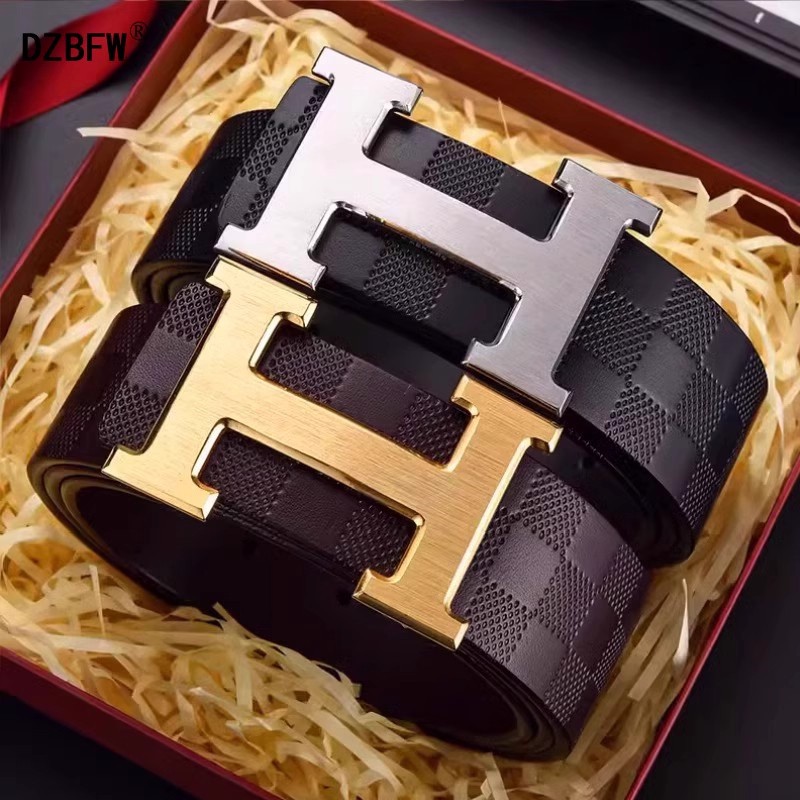 皮带男新款真皮字母扣棋盘格年轻人高档轻奢平滑扣商务休闲裤腰带