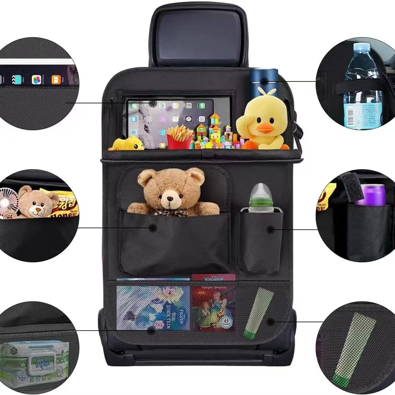 Almacenamiento en la parte posterior del automóvil con bolsa de almacenamiento en la parte posterior del asiento, bolsa de almacenamiento de película transparente visual, mesa pequeña, almacenamiento en el automóvil a prueba de patadas