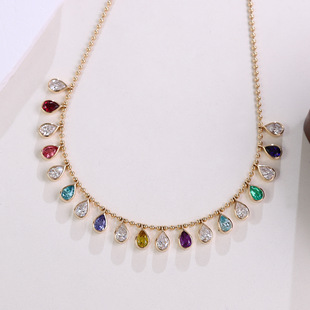 14K Gold Pear-Shaped Cultivated Diamond with Colorful Cultivated Gemstone Necklace Elegant Fashion Versatile Round Bead Chain Necklace