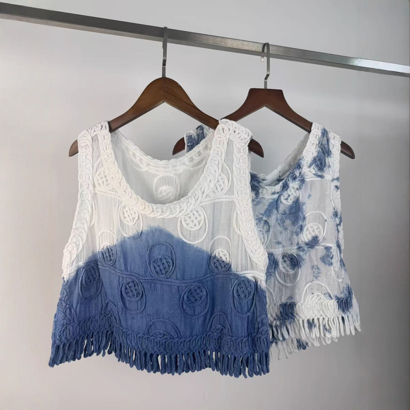 Handmade Tie-Dye Dali Travel Photo Short Sleeveless Top Round Neck Cut Out Crochet Lace Vest for Women to Wear Outside Handmade Tie-Dye Dali Travel Photo Short Sleeveless Top Round Neck Cut Out Crochet Lace Vest for Women to Wear Outside