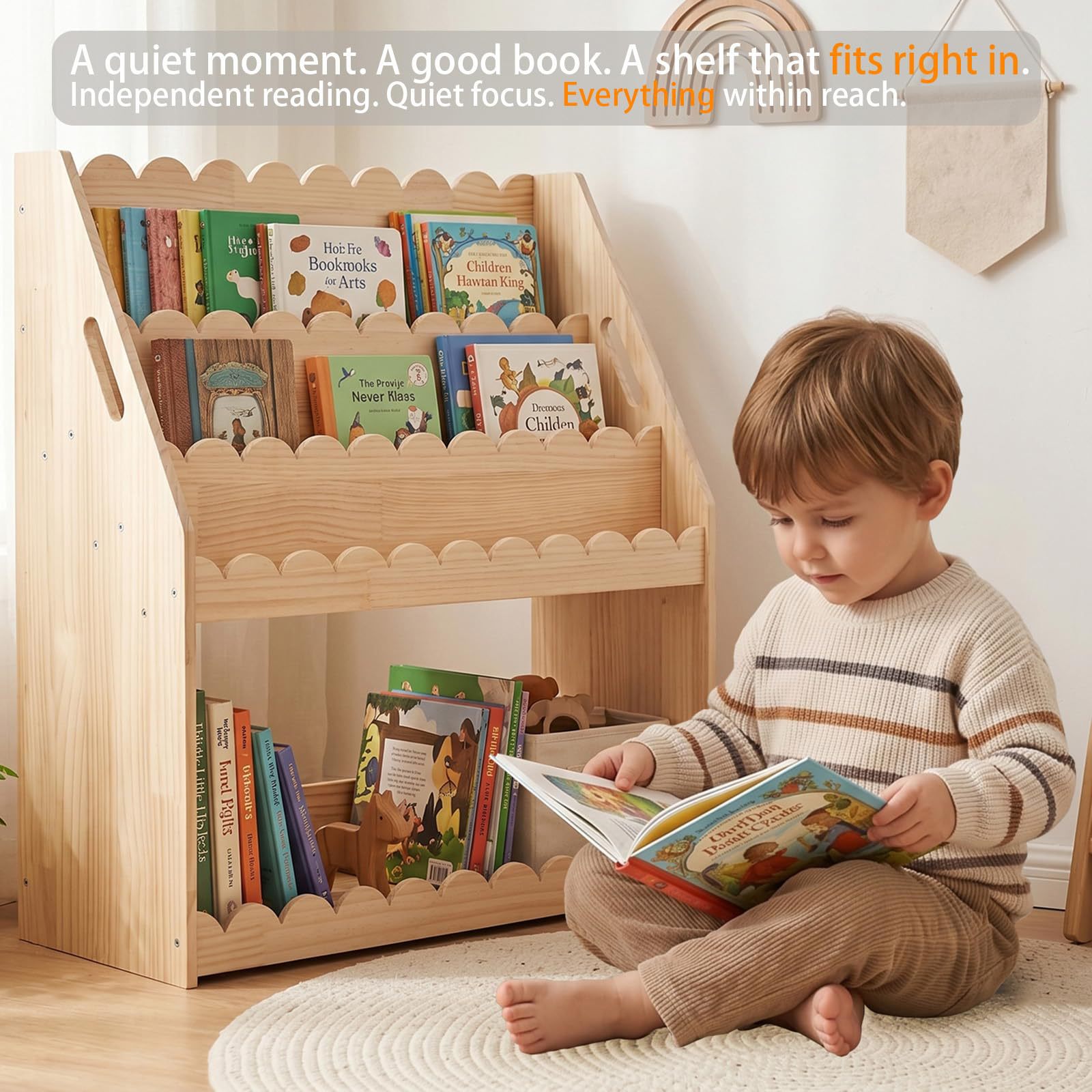 Cross-border Children's Fan-shaped Bookshelf 4-Tier Montessori Wooden Bookcase for Infants