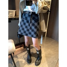 摩且 中古英伦学院风 氛围格纹撞色高腰显瘦A字半身短裙 MQ0819