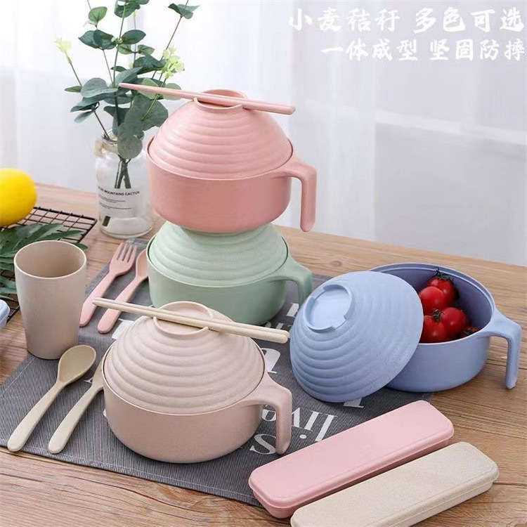 Wheat straw instant noodle bowl student dormitory with spoon and fork chopsticks suit with lid large capacity rice bowl gift logo Wheat straw instant noodle bowl student dormitory with spoon and fork chopsticks suit with lid large capacity rice bowl gift logo