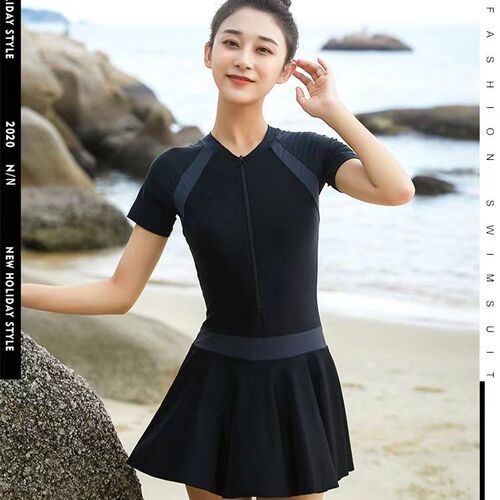 Summer new one-piece contrasting color splicing swimsuit student skirt style conservative swimsuit with chest pad all-in-one swimsuit wholesale
