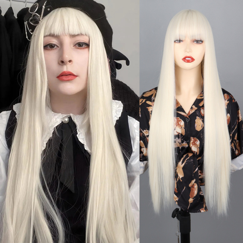 クロスボーダーヨーロッパとアメリカのファッションウィッグ女性用 30inch ライトブロンドの前髪ロングストレート化学繊維ウィッグ|undefined