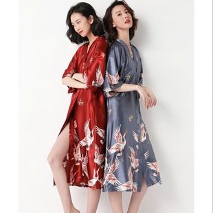 Nightgown Women Summer Sexy Women Ice Silk Nightgown Middle Sleeve plus size Bathrobe Simulation Silk Bridal Morning Gown Factory Wholesale