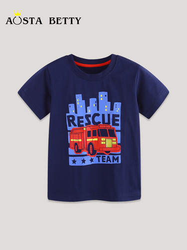 25 Summer New Children's Short Sleeve T-shirt Cartoon Print Boy's T-shirt Top Knitted Cotton Crew Neck Children's Sports Shirt