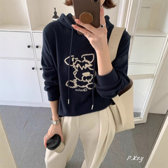 013 慵懒风连帽卫衣女秋季新款薄款植绒卡通小狗女式长袖卫衣帽衫