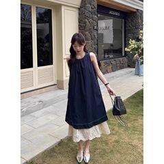 法式复古撞色蕾丝拼接背心连衣裙女夏季设计感假两件无袖A字长裙