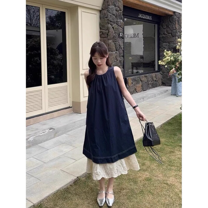 法式复古撞色蕾丝拼接背心连衣裙女夏季设计感假两件无袖A字长裙|undefined