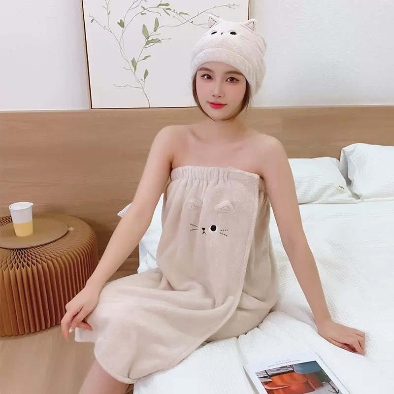卡通可爱珊瑚绒加厚吸水浴巾可穿洗澡成人抹胸浴袍裹胸浴裙工厂