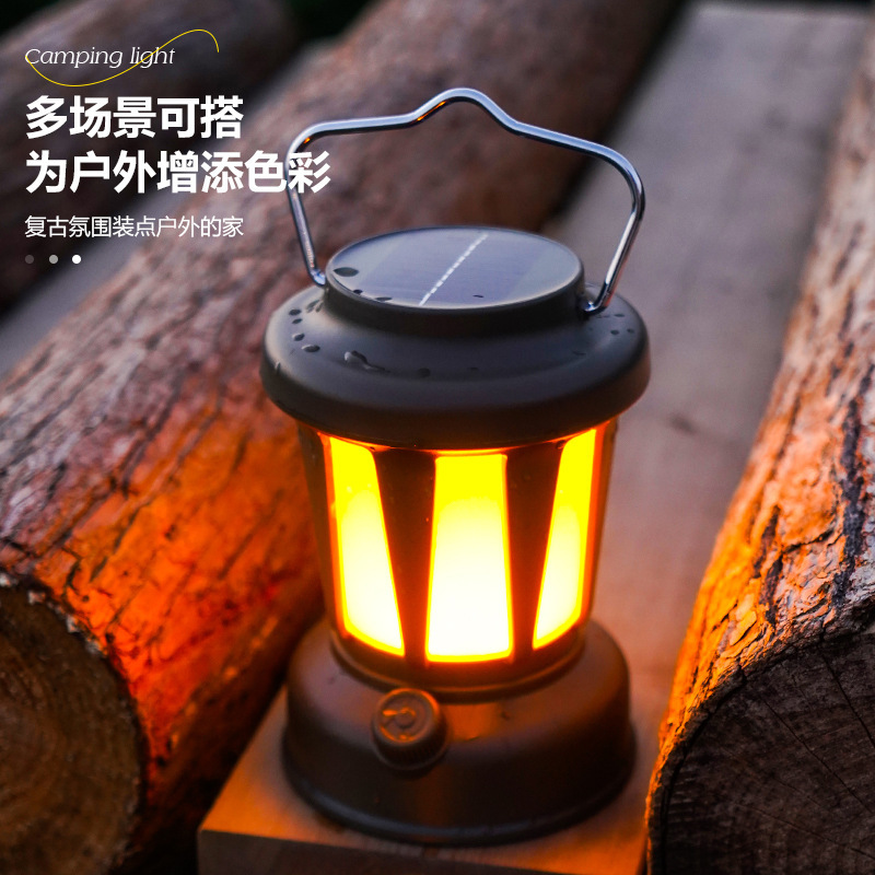 Transfronterizos al aire libre portátil estética lámpara de camping solar de carga tricolor sin polar atenuación luz cálida luz interior luz de atmósfera