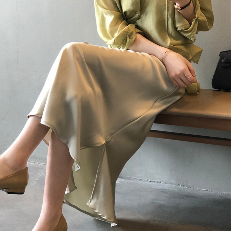Acetate Satin Drapey Slit Skirt for Women 2026 Summer New Style A-Line Mid-Length High-Waisted Slimming Skirt
