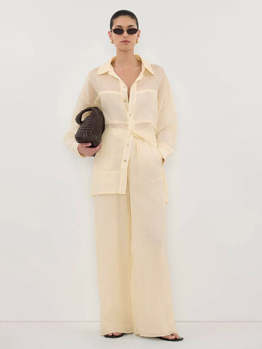 Women's Long Sleeved Shirt And Trouser Set Elegant Vacation Style_voghion.com