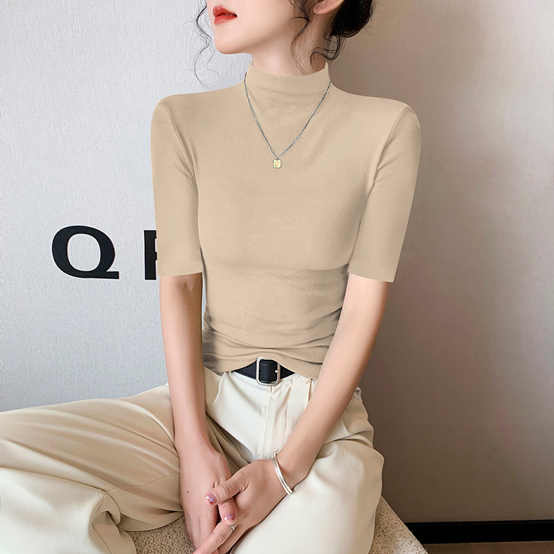 モーダル半袖 Tシャツレディースハーフタートルネックボトリングシャツ 2025 夏の新ファッション多用途黒スリムトップ|undefined