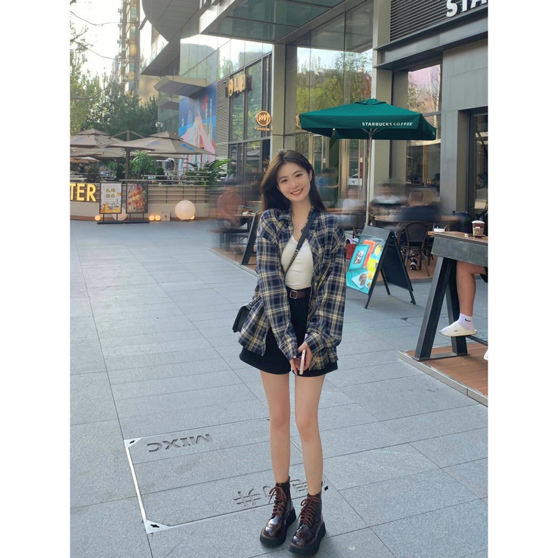 幂式穿搭格子衬衫女慵懒风复古宽松衬衣开衫外套长袖上衣春秋季|undefined