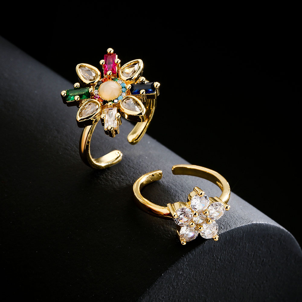 fashion geometric copper 18K gold micro-inlaid zircon flower open ring